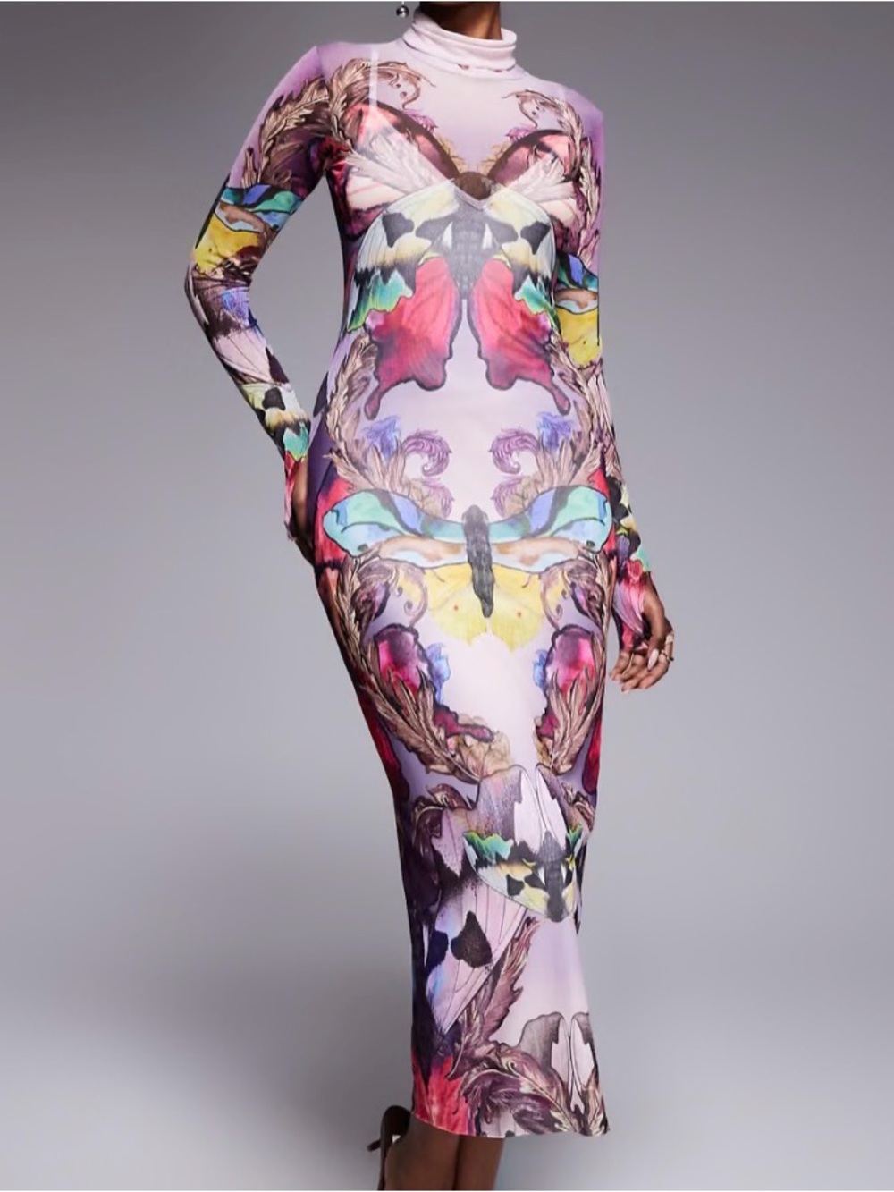 AFRM Butterfly Long Sleeve Printed Mesh Dress in Lavender Multi